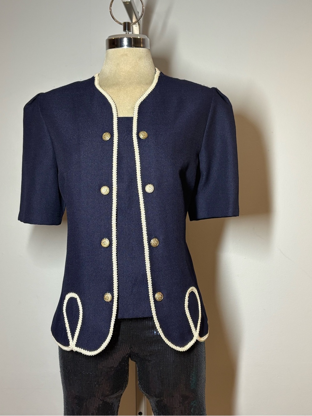 Clockwise Navy Short-Sleeve Structured Blazer with White Trim Size M